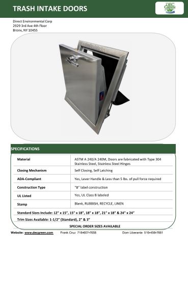 DEC Trash Intake Door Product Sheet